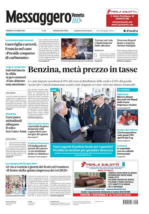 Prima pagina Messaggero Veneto | Udine del 2 Ottobre 2026