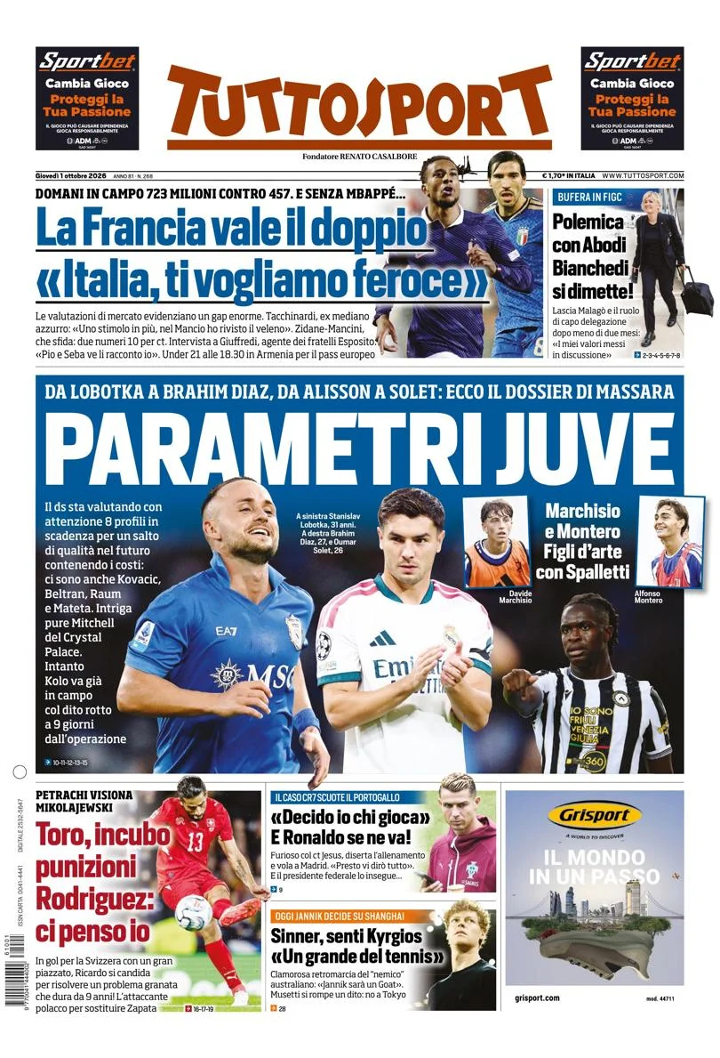Prima pagina Tuttosport del 2 Ottobre 2026
