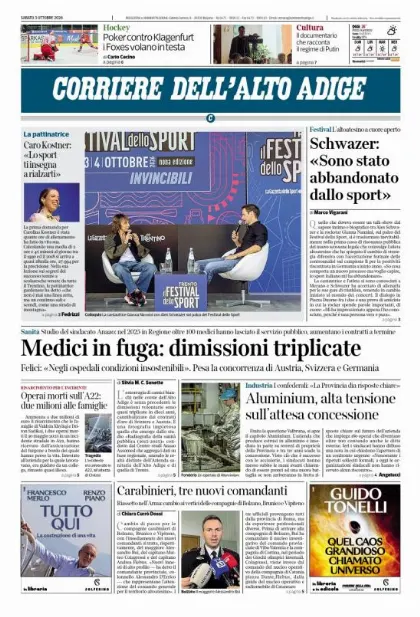 Prima pagina Corriere dell'Alto Adige