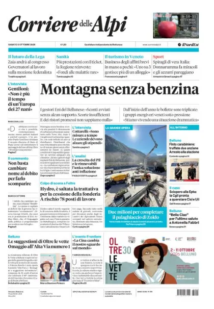 Prima pagina Corriere delle Alpi | Belluno