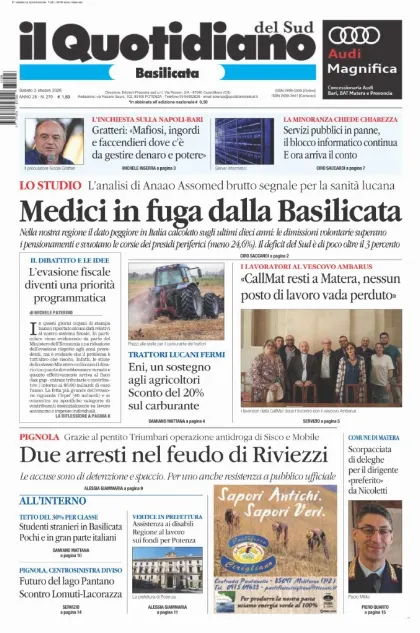 Prima pagina Il Quotidiano del Sud | Basilicata