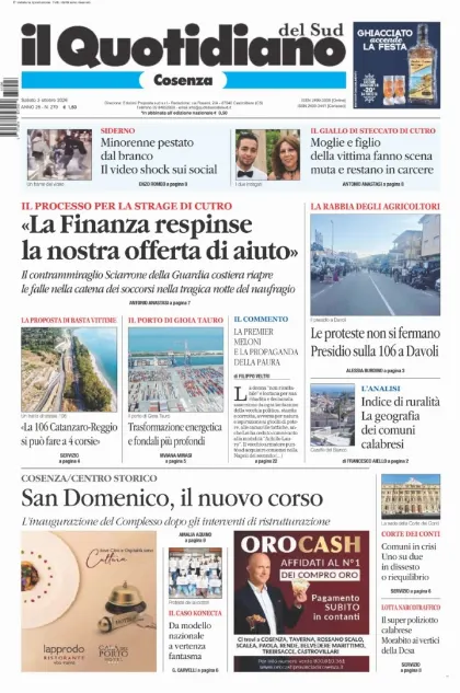 Prima pagina Il Quotidiano del Sud | Cosenza