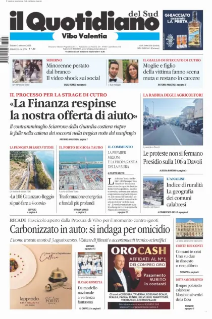 Prima pagina Il Quotidiano del Sud | Vibo Valentia