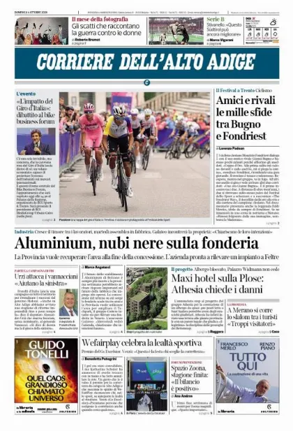 Prima pagina Corriere dell'Alto Adige