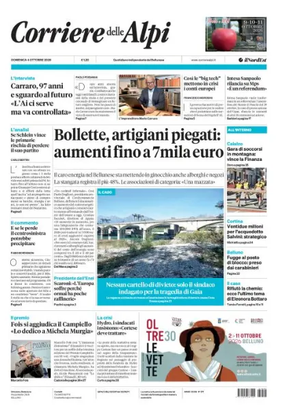 Prima pagina Corriere delle Alpi | Belluno
