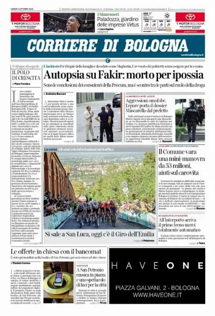 Prima pagina Corriere di Bologna