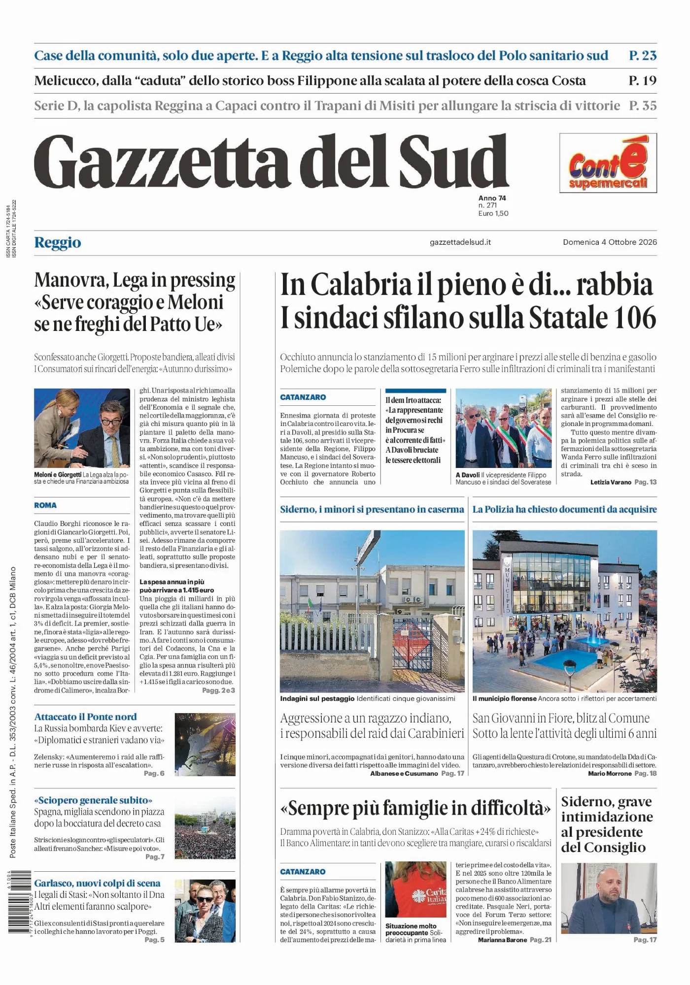 Prima pagina Gazzetta del Sud | Reggio Calabria del 4 Ottobre 2026