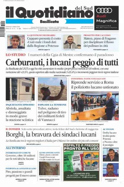 Prima pagina Il Quotidiano del Sud | Basilicata