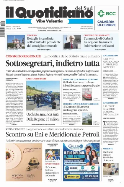 Prima pagina Il Quotidiano del Sud | Vibo Valentia