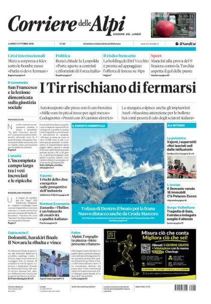Prima pagina Corriere delle Alpi | Belluno