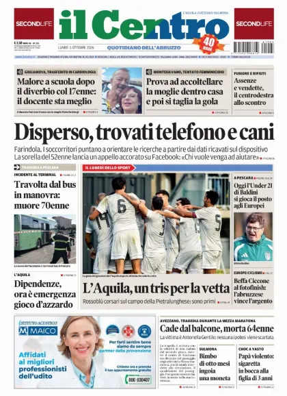 Prima pagina Il Centro | L'Aquila