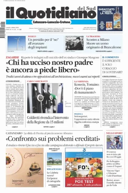Prima pagina Il Quotidiano del Sud | Catanzaro, Lamezia e Crotone