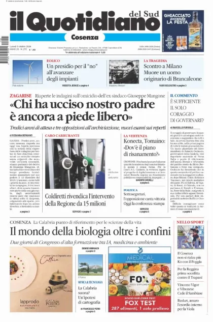 Prima pagina Il Quotidiano del Sud | Cosenza