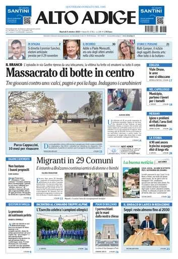 Prima pagina Alto Adige del 6 Ottobre 2026