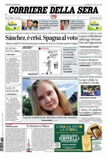 Prima pagina Corriere della Sera
