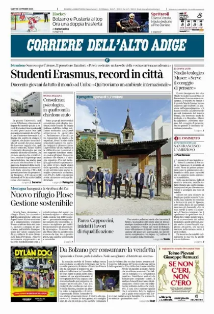 Prima pagina Corriere dell'Alto Adige