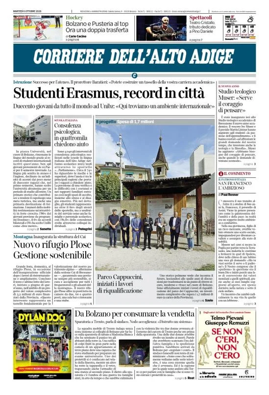 Prima pagina Corriere dell'Alto Adige del 6 Ottobre 2026