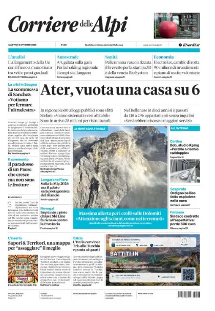 Prima pagina Corriere delle Alpi | Belluno
