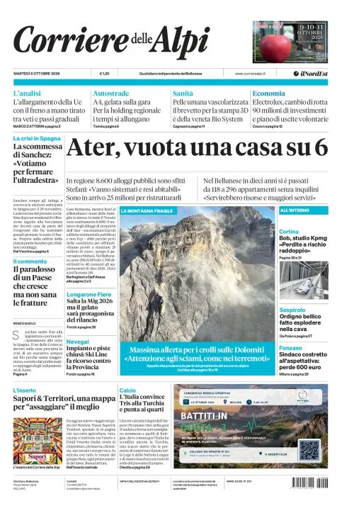 Prima pagina Corriere delle Alpi | Belluno del 6 Ottobre 2026