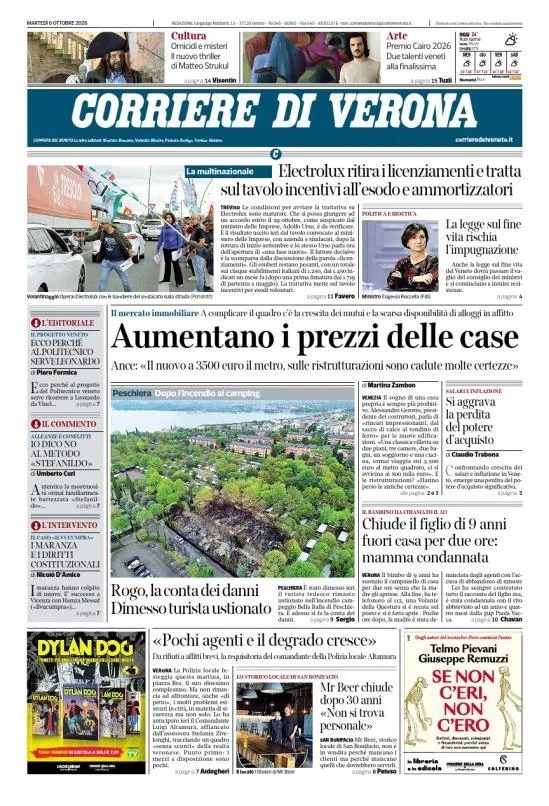 Prima pagina Corriere di Verona del 6 Ottobre 2026