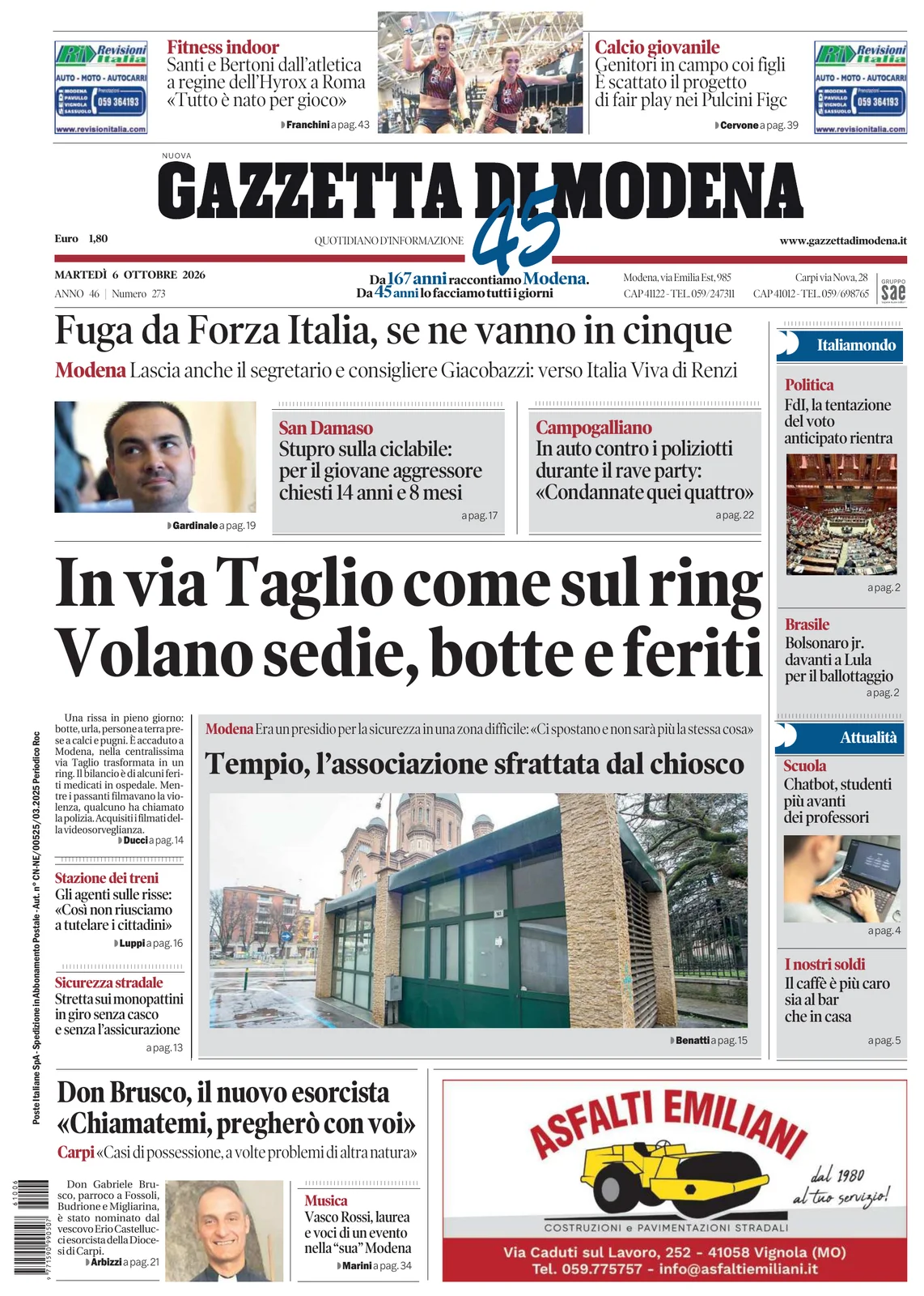 Prima pagina Gazzetta di Modena del 6 Ottobre 2026