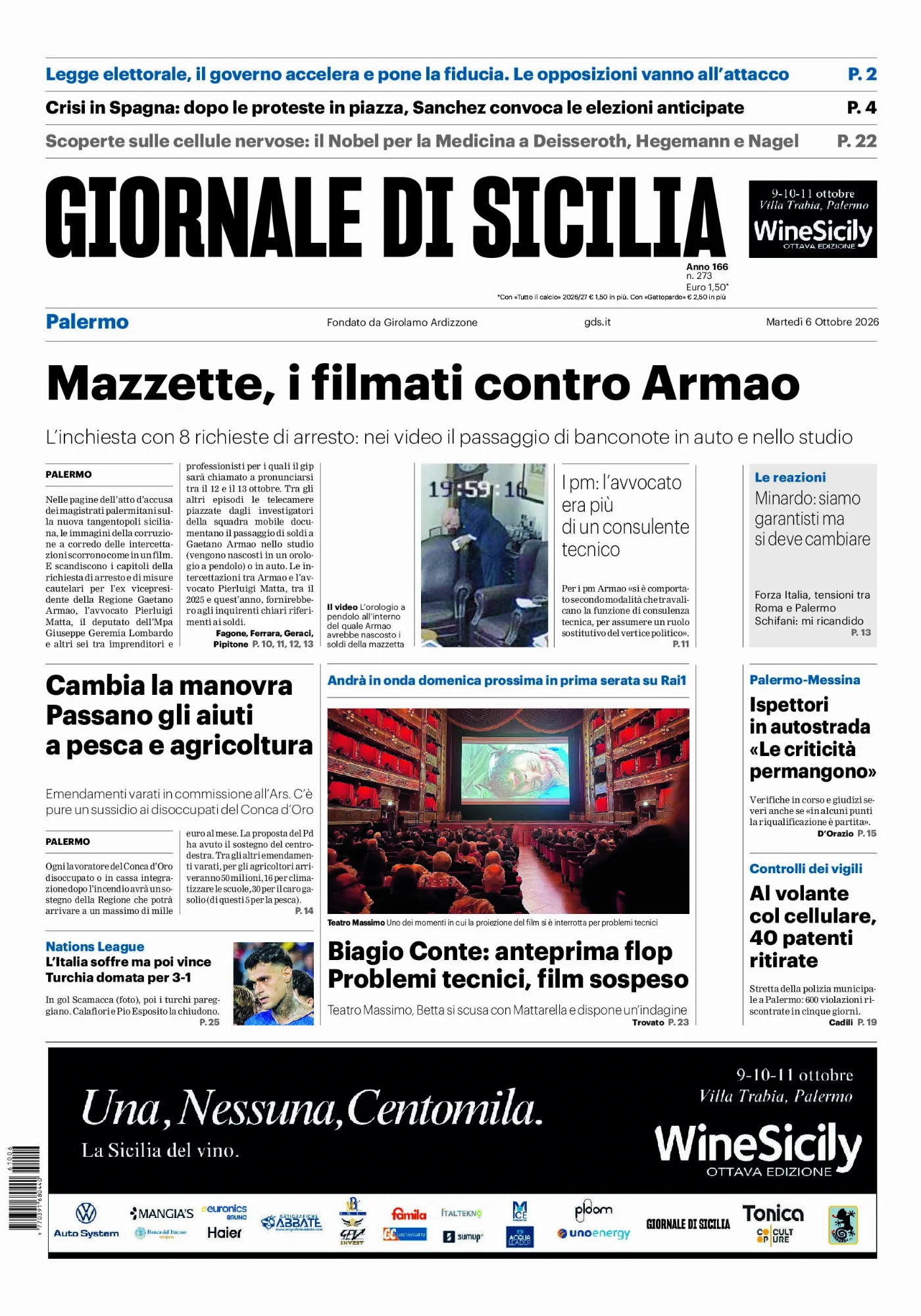 Prima pagina Giornale di Sicilia del 6 Ottobre 2026