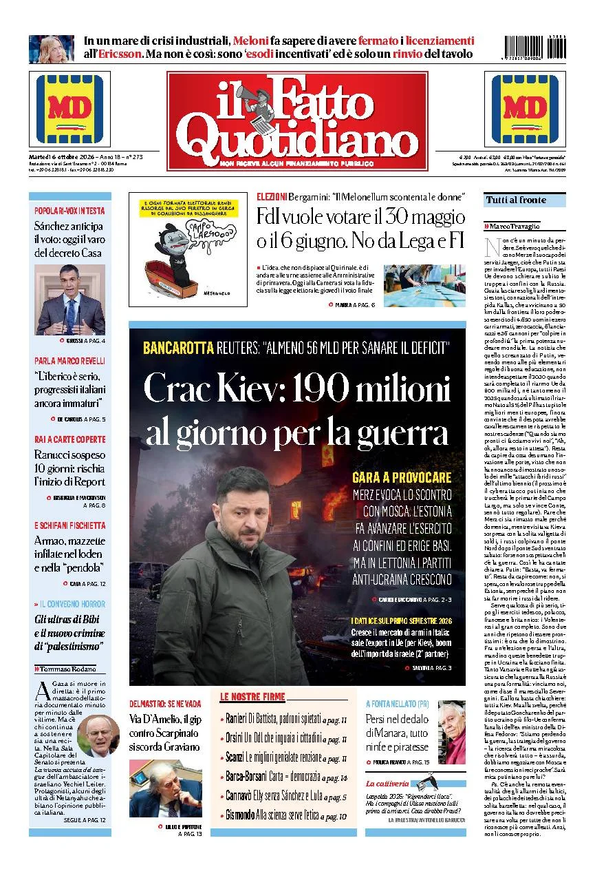 Prima pagina Il Fatto Quotidiano del 6 Ottobre 2026