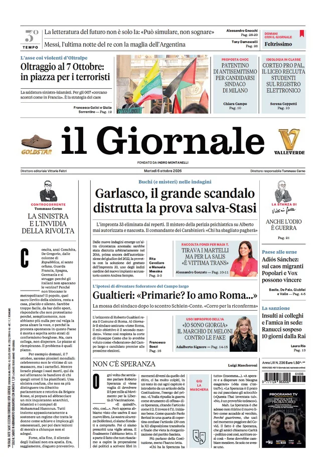 Prima pagina il Giornale del 6 Ottobre 2026