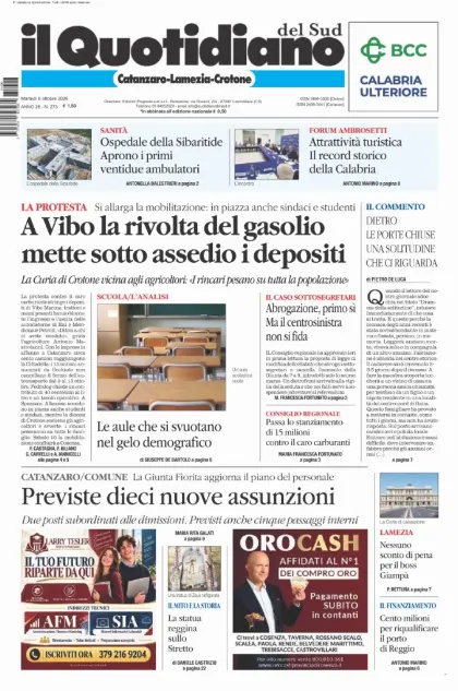 Prima pagina Il Quotidiano del Sud | Catanzaro, Lamezia e Crotone