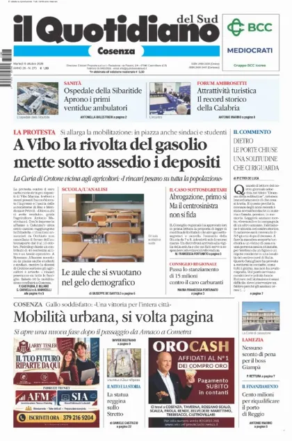 Prima pagina Il Quotidiano del Sud | Cosenza