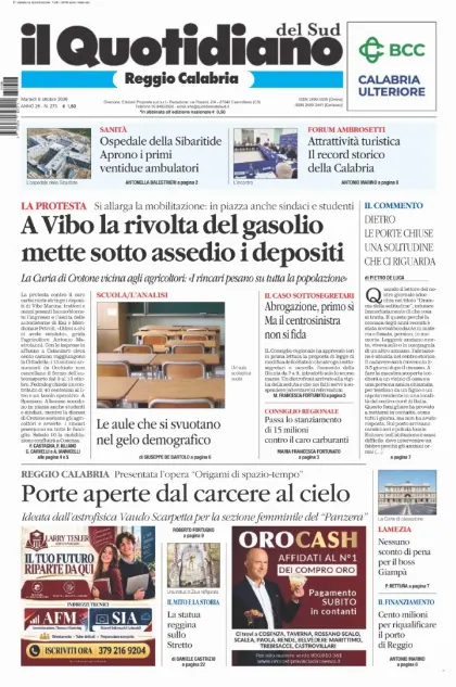 Prima pagina Il Quotidiano del Sud | Reggio Calabria