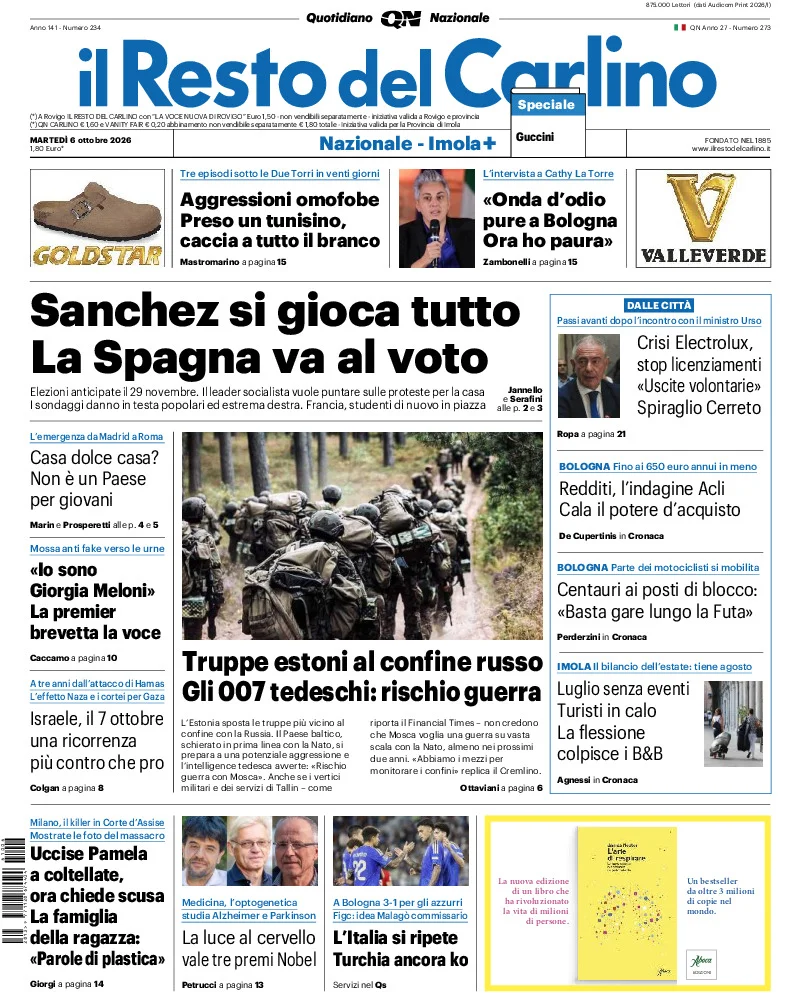 Prima pagina Il Resto del Carlino del 6 Ottobre 2026