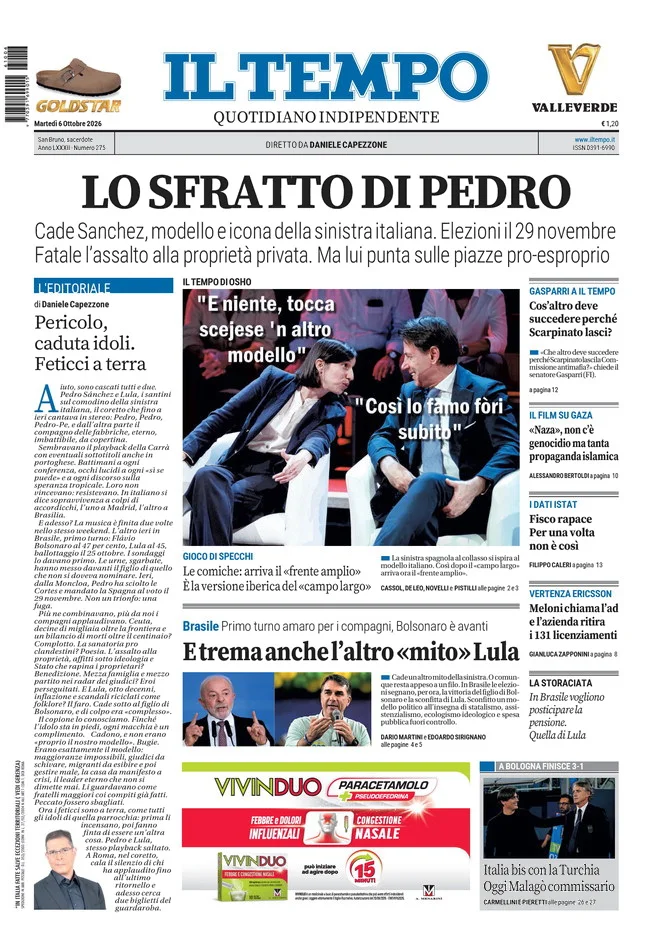 Prima pagina Il Tempo del 6 Ottobre 2026