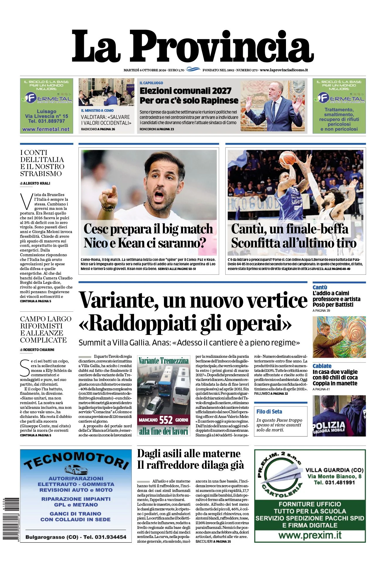 Prima pagina La Provincia del 6 Ottobre 2026