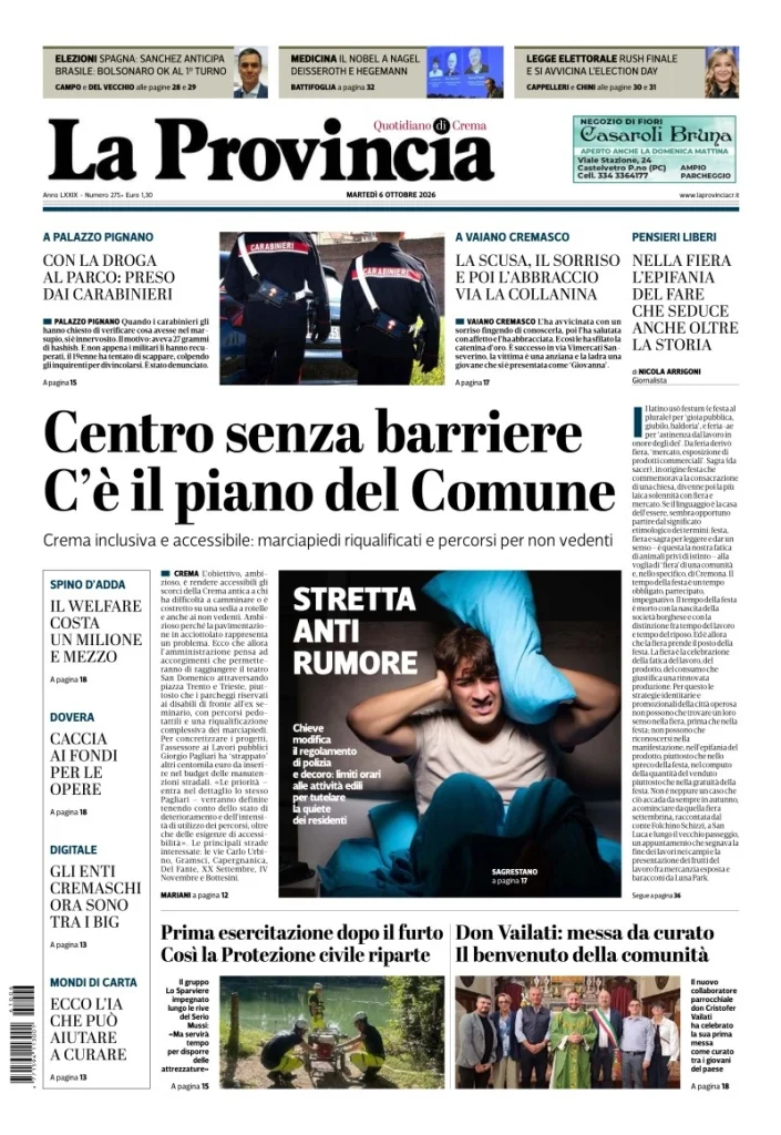 Prima pagina La Provincia | Crema del 6 Ottobre 2026