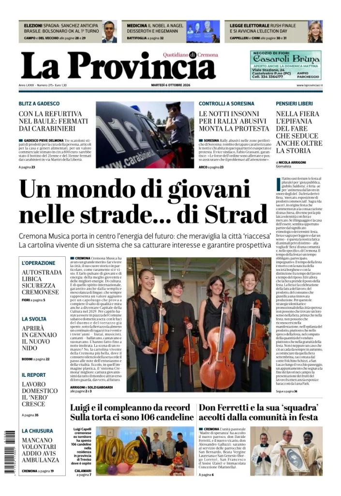 Prima pagina La Provincia del 6 Ottobre 2026