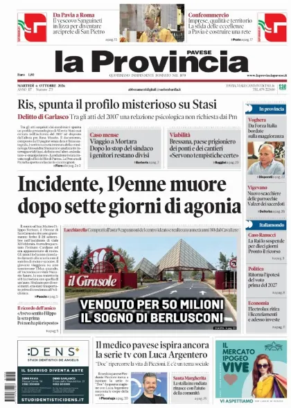 Prima pagina La Provincia Pavese