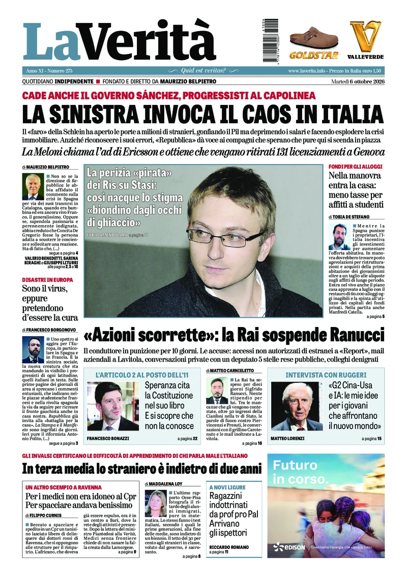 Prima pagina La Verita del 6 Ottobre 2026