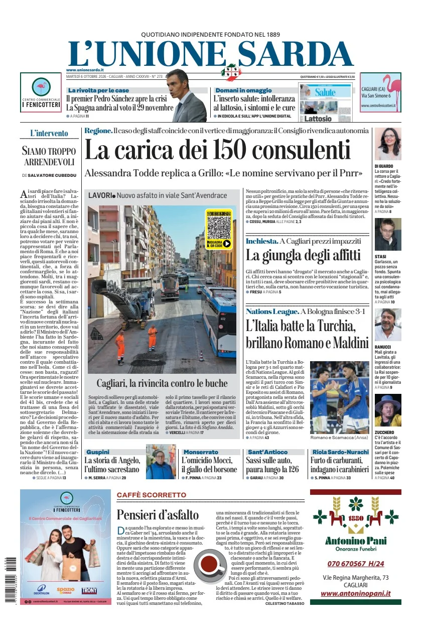 Prima pagina L Unione Sarda del 6 Ottobre 2026