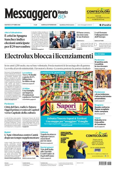 Prima pagina Messaggero Veneto | Pordenone del 6 Ottobre 2026