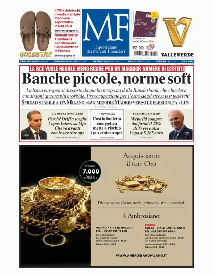 Prima pagina MF Milano Finanza