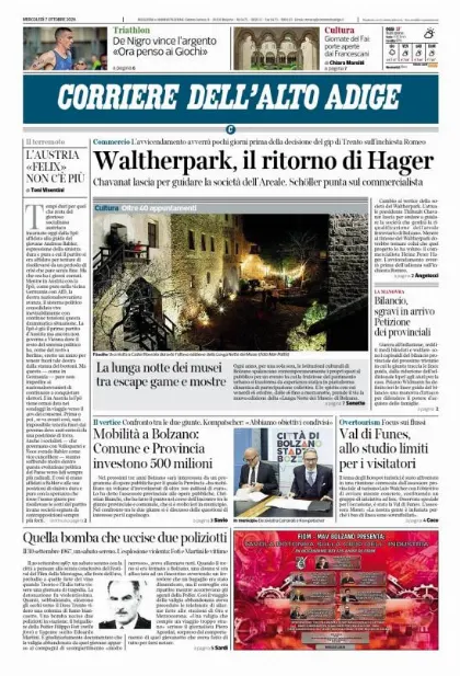 Prima pagina Corriere dell'Alto Adige