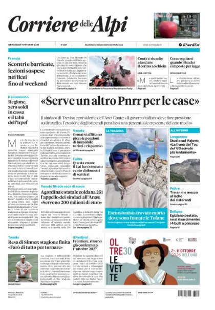 Prima pagina Corriere delle Alpi | Belluno