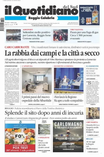 Prima pagina Il Quotidiano del Sud | Reggio Calabria