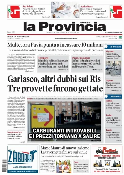 Prima pagina La Provincia Pavese