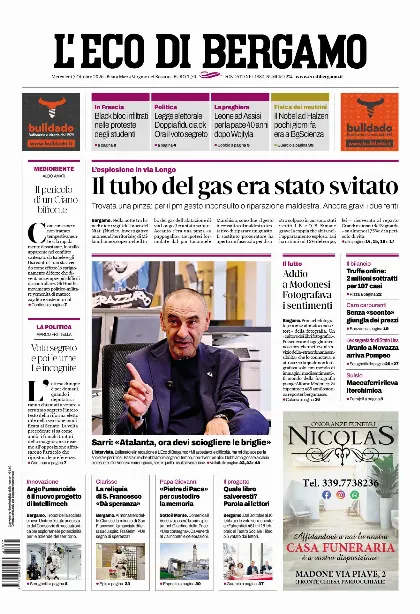 Prima pagina L'Eco di Bergamo