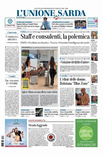 Prima pagina L Unione Sarda