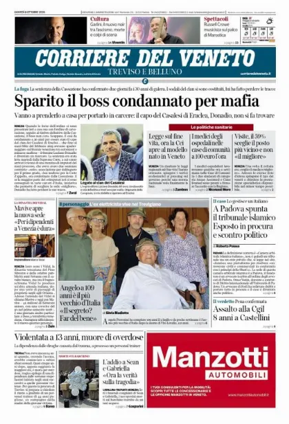 Prima pagina Corriere del Veneto | Treviso e Belluno