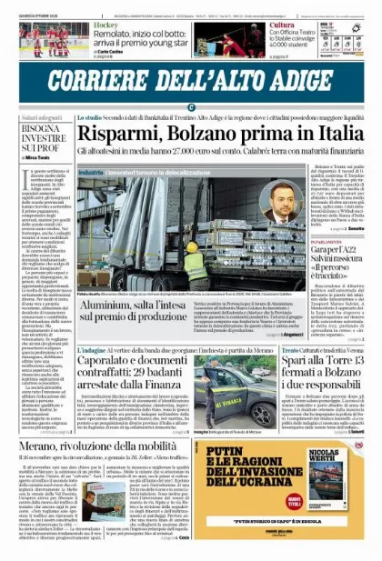 Prima pagina Corriere dell'Alto Adige