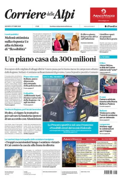 Prima pagina Corriere delle Alpi | Belluno